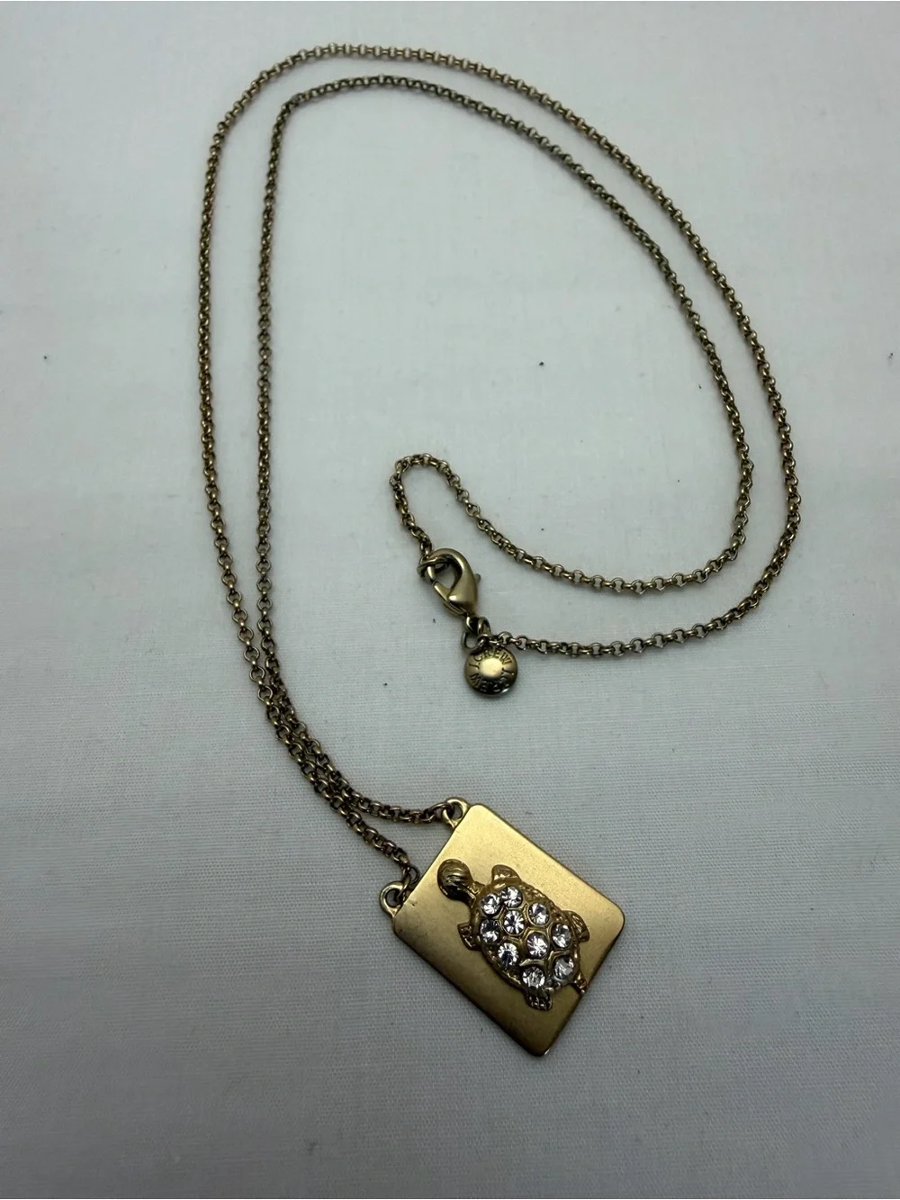 Vintage J. Crew Gold Turtle Pendant Necklace with Crystal Accents